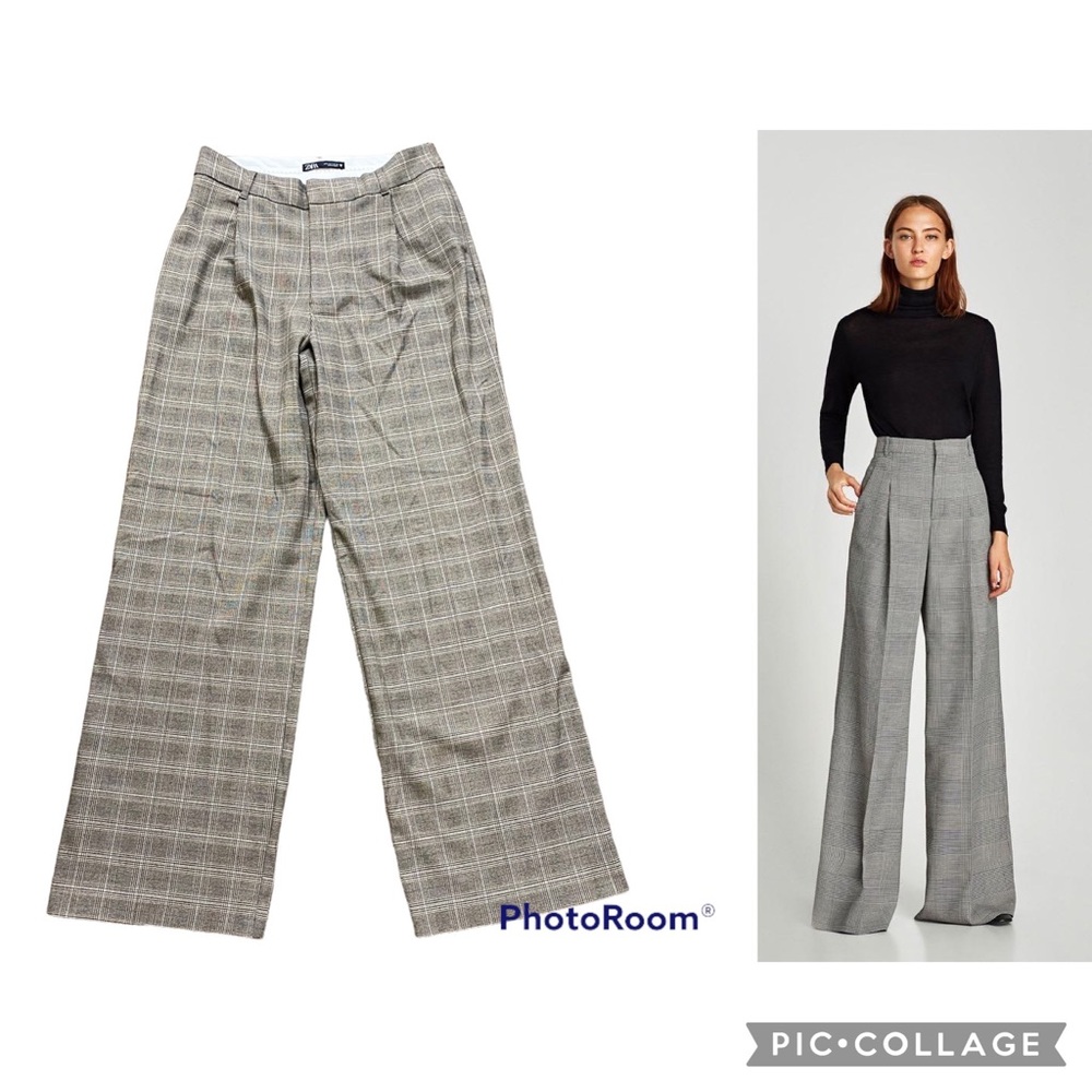 ZARA Plaid High Rise Wide Leg Pleated Trousers Large